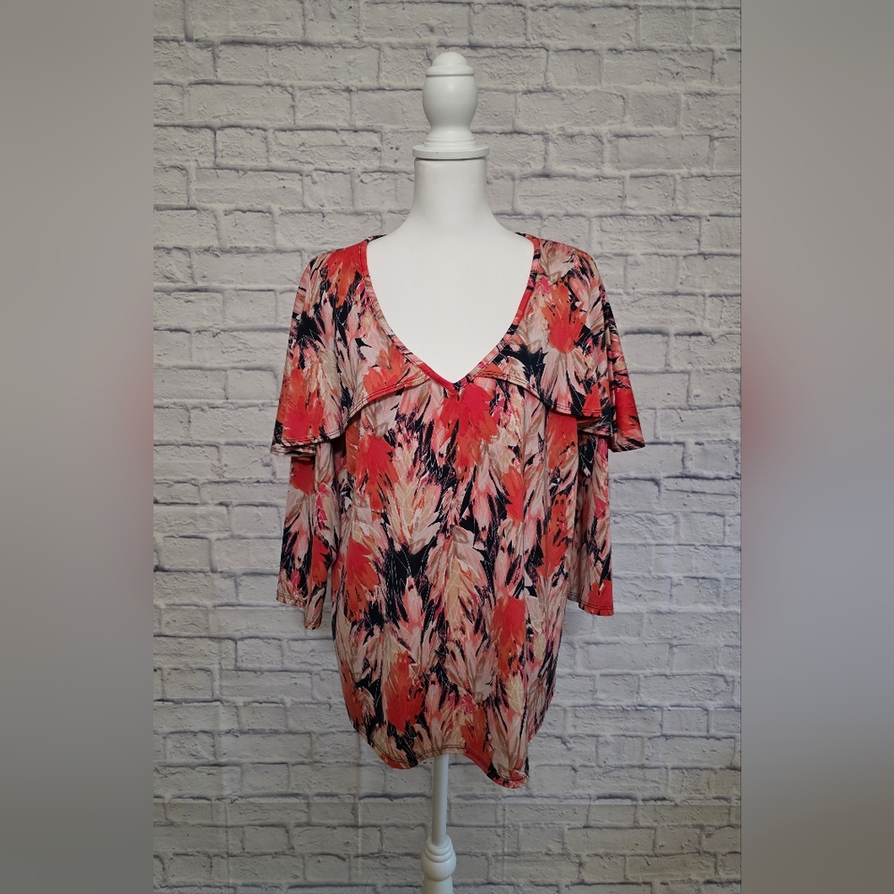 Floral V-Neck Women's Top - Red and Black. Perfect For Fall
